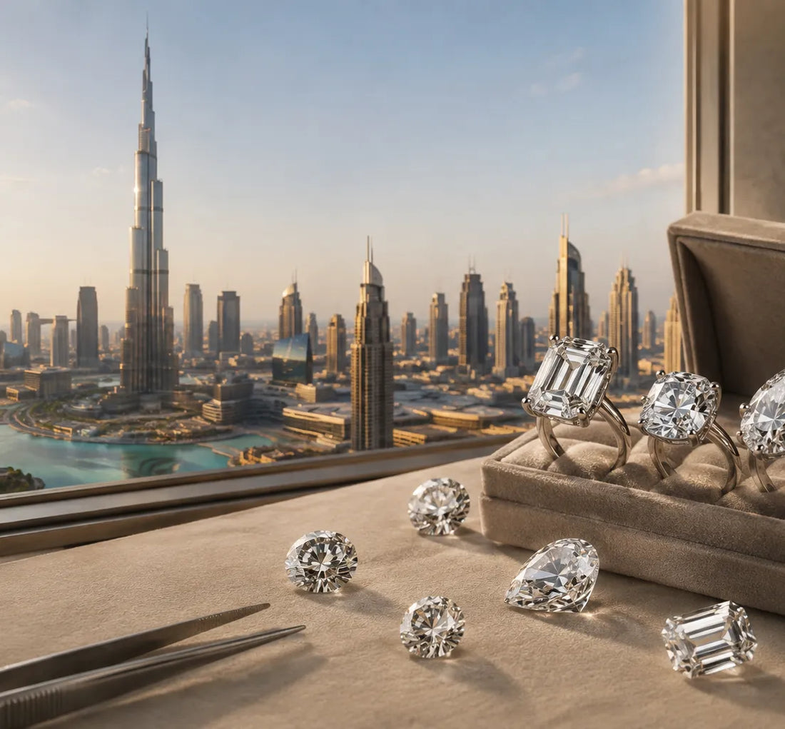 Natural diamonds and grading reports compared during a private buying appointment in Dubai