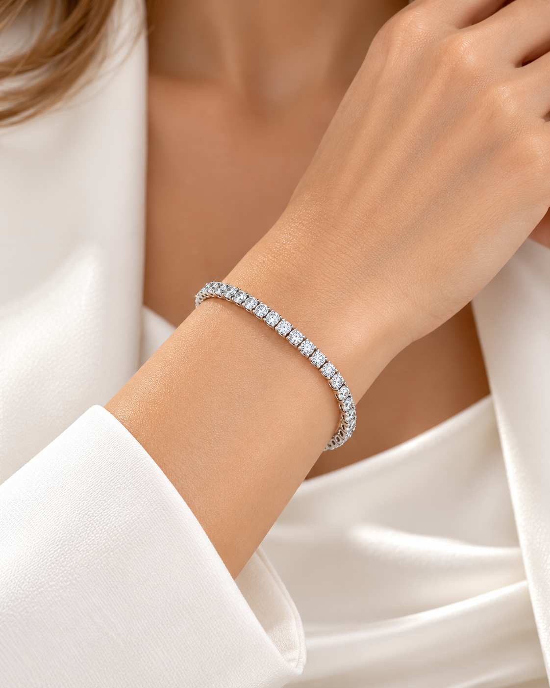 2 carat natural diamond tennis bracelet worn on wrist