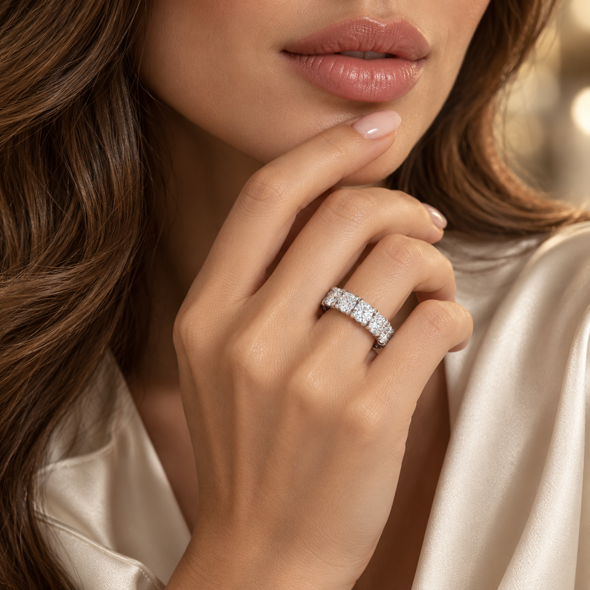 6 CTW Round Cut Natural Diamond French Pavé Full Eternity Band in 18K White Gold