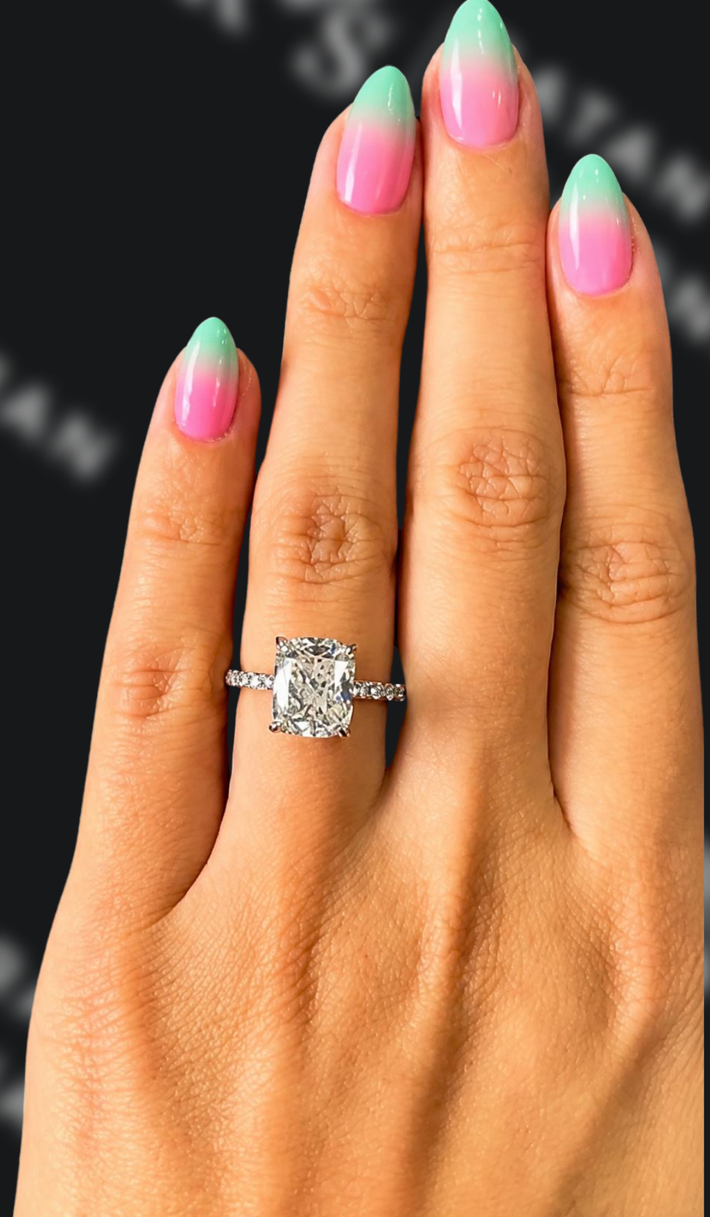 3 carat cushion cut natural diamond engagement ring by Ratan Sajan Diamonds Dubai