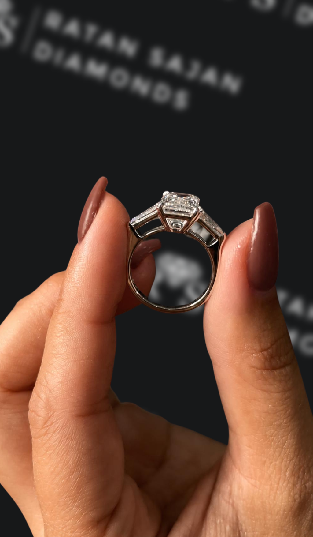 3 carat emerald cut natural diamond engagement ring by Ratan Sajan Diamonds Dubai