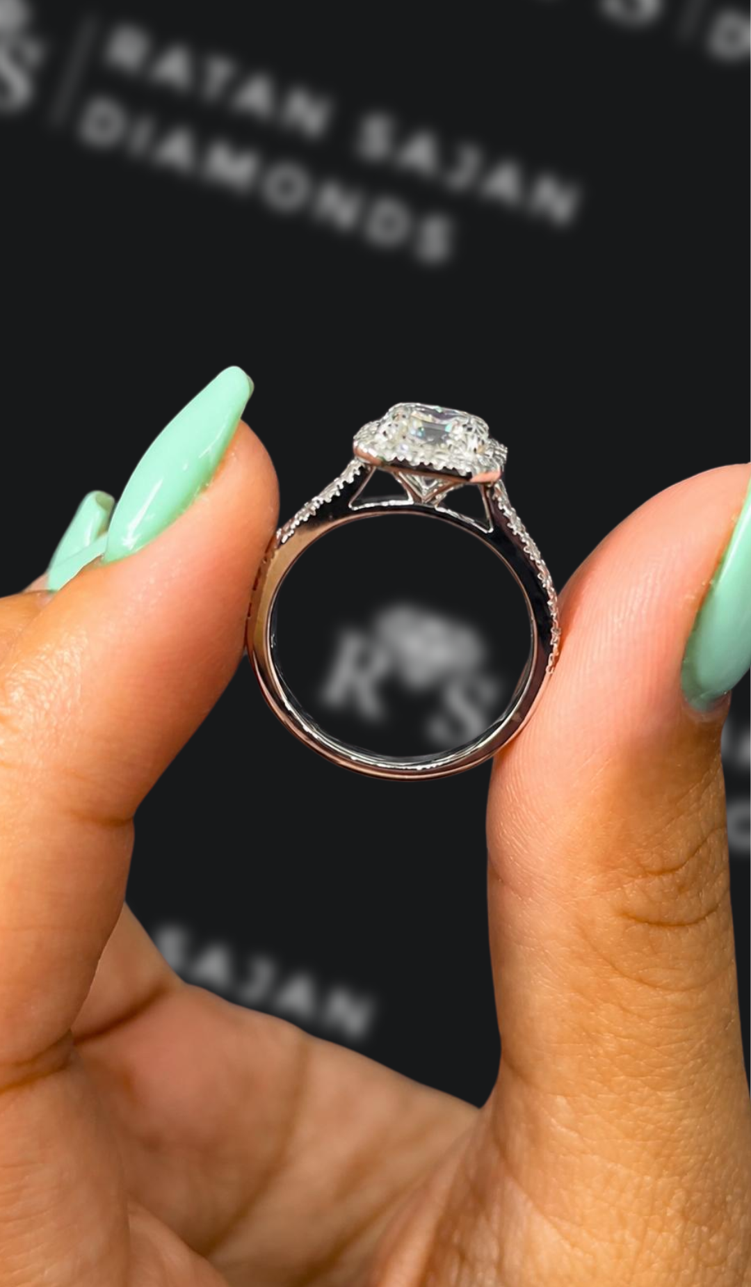 1.5 carat Asscher cut natural diamond engagement ring by Ratan Sajan Diamonds Dubai