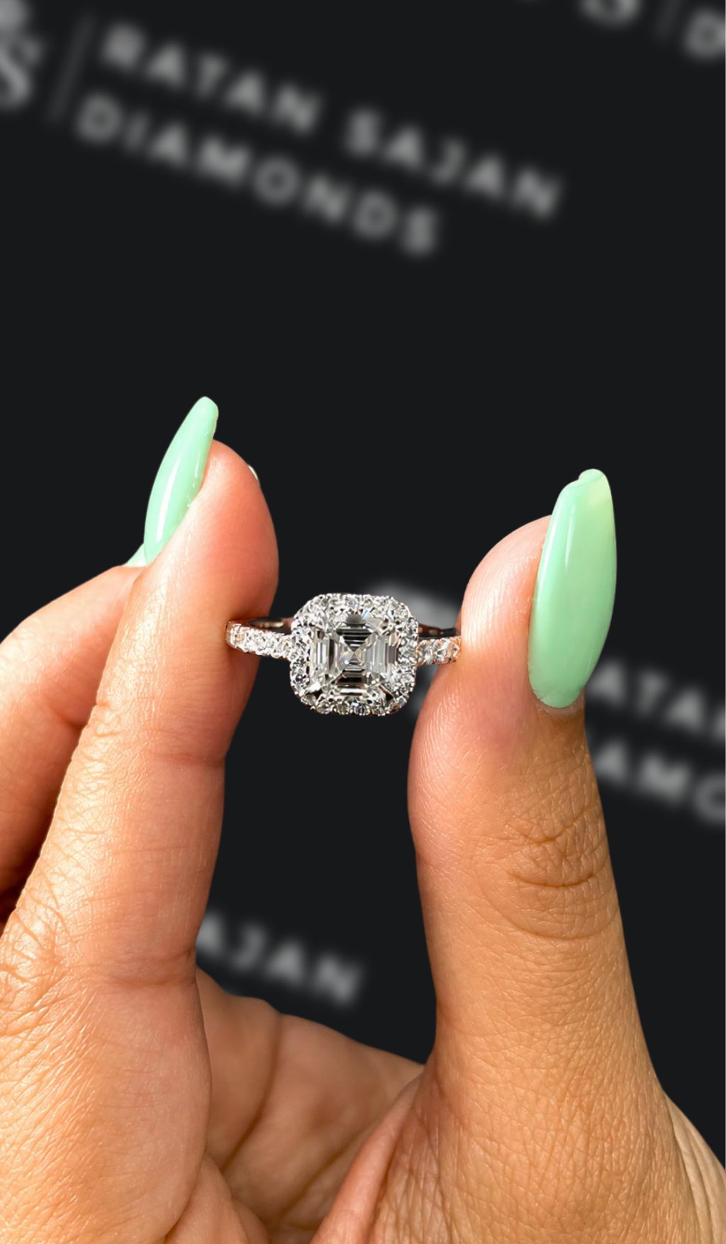 1.5 carat Asscher cut natural diamond engagement ring by Ratan Sajan Diamonds Dubai