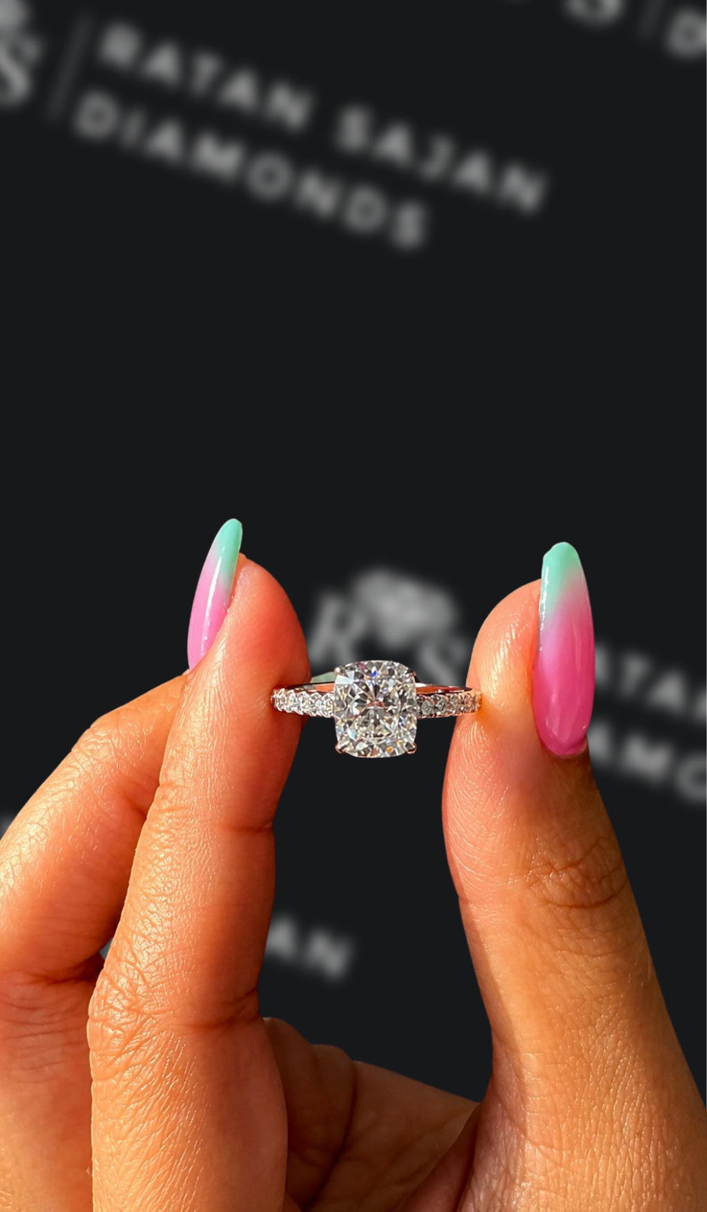 1.5 carat cushion cut natural diamond engagement ring by Ratan Sajan Diamonds Dubai