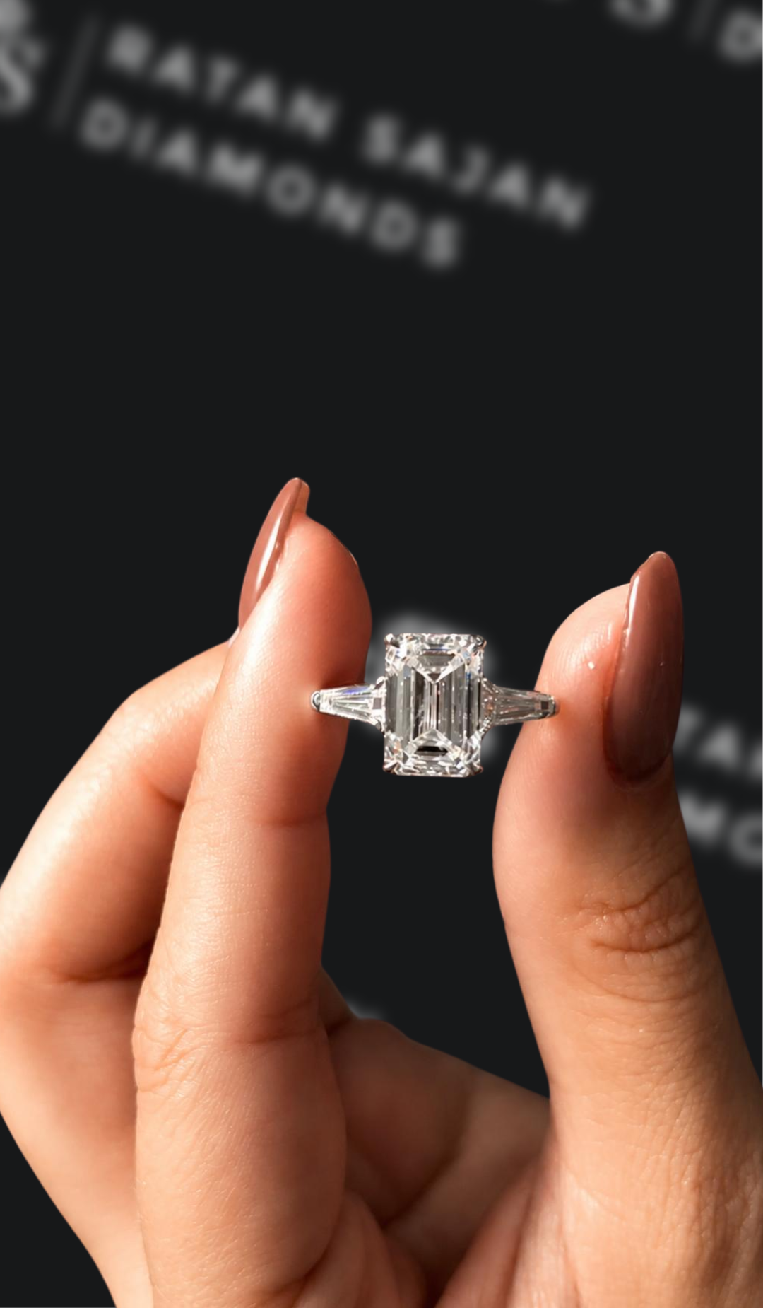 3 carat emerald cut natural diamond engagement ring by Ratan Sajan Diamonds Dubai