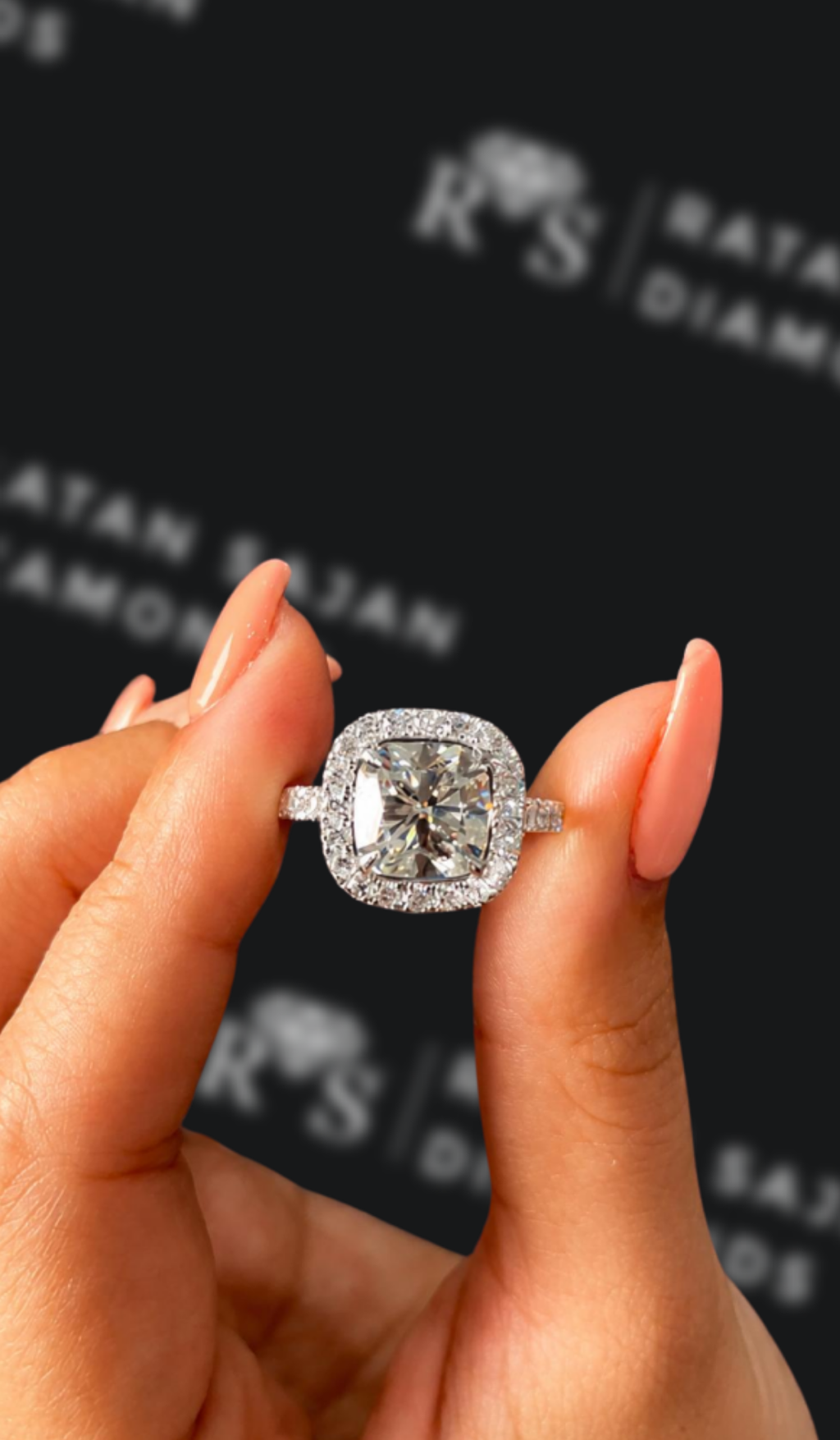 3 carat cushion cut natural diamond engagement ring by Ratan Sajan Diamonds Dubai
