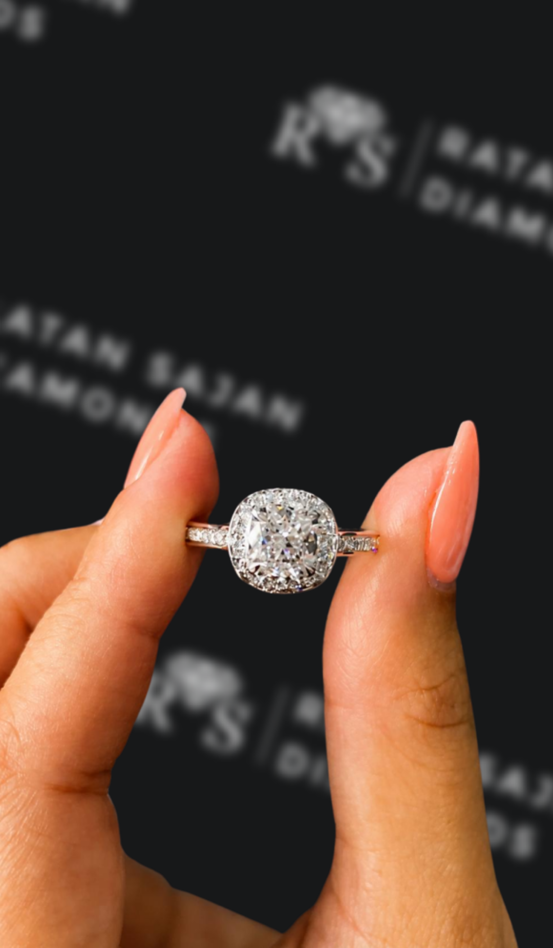 1.5 carat cushion cut natural diamond engagement ring by Ratan Sajan Diamonds Dubai