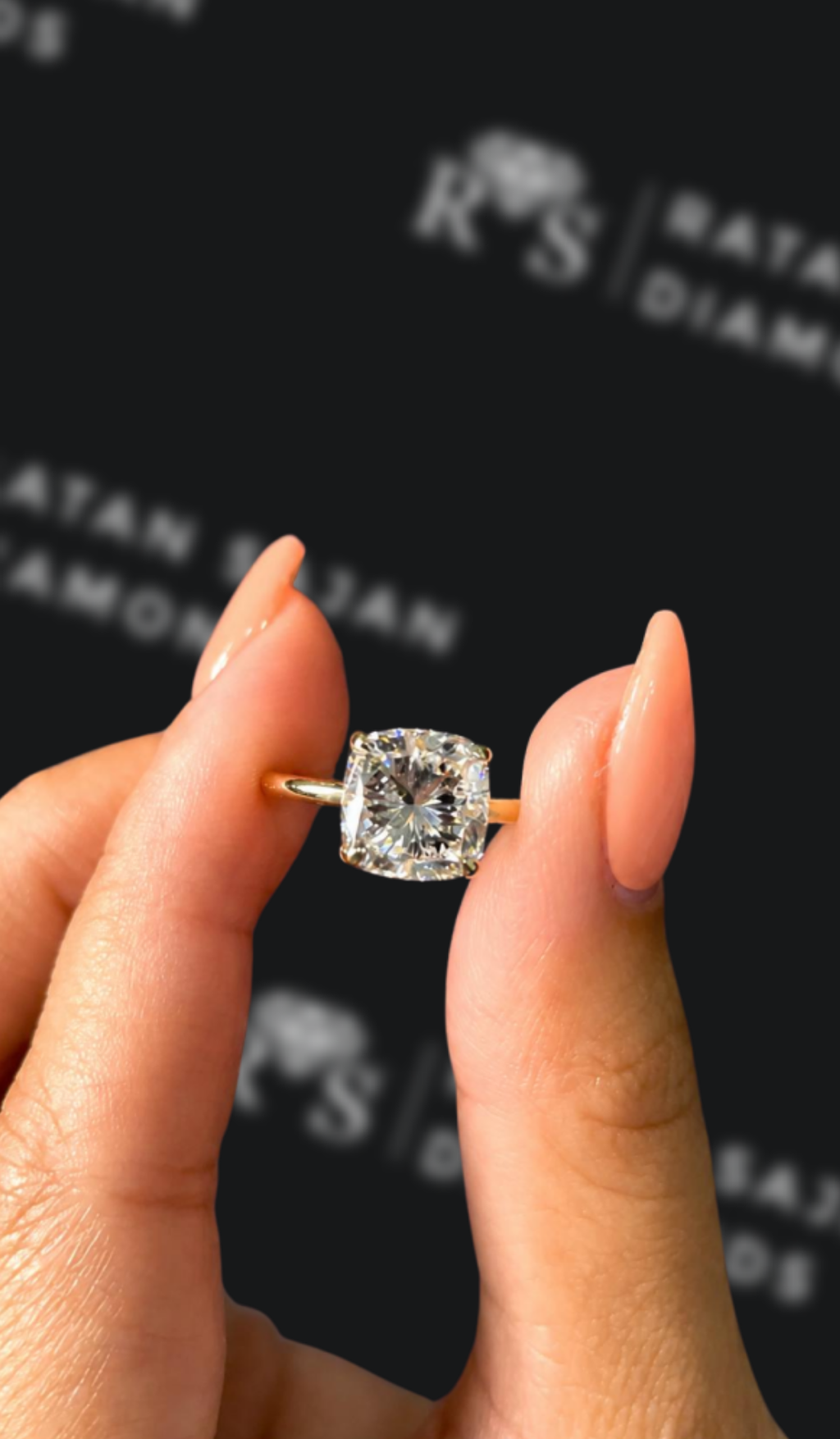 3 carat cushion cut natural diamond engagement ring by Ratan Sajan Diamonds Dubai